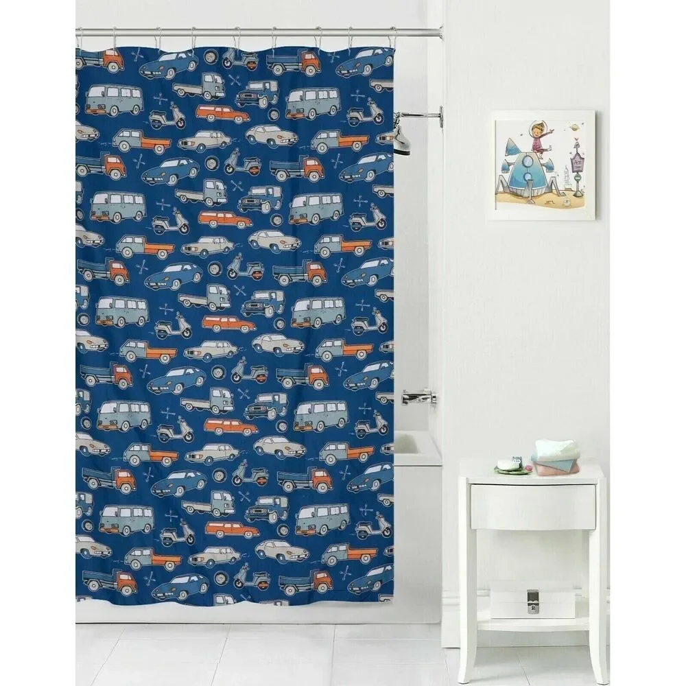Retro Car Club Shower Curtain Truck Van Jeep Station Wagon Scooter Blue Bath NEW